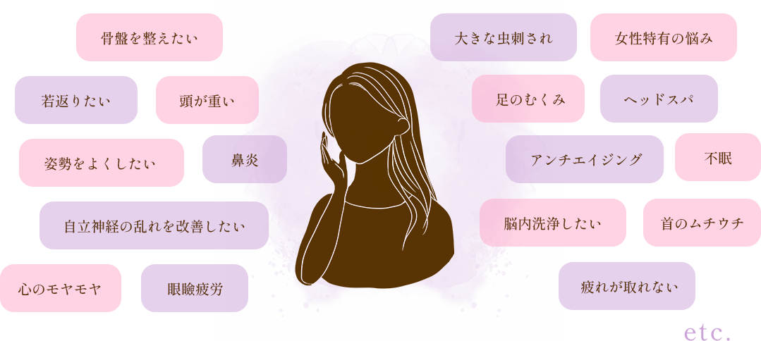 骨盤を整えたい,若返りたい,頭が重い,姿勢をよくしたい,鼻炎,自立神経の乱れを改善したい,心のモヤモヤ,眼瞼疲労,大きな虫刺され,女性特有の悩み,足のむくみ,ヘッドスパ,アンチエイジング,不眠,脳内洗浄したい,首のムチウチ,疲れが取れない etc.